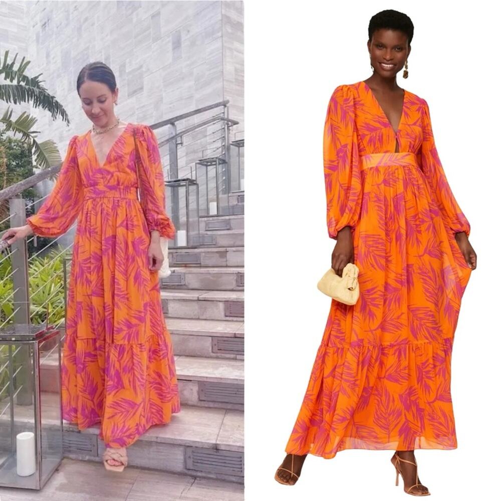 TOCCIN V Neck Long Sleeve Georgette Palm Print Maxi Dress